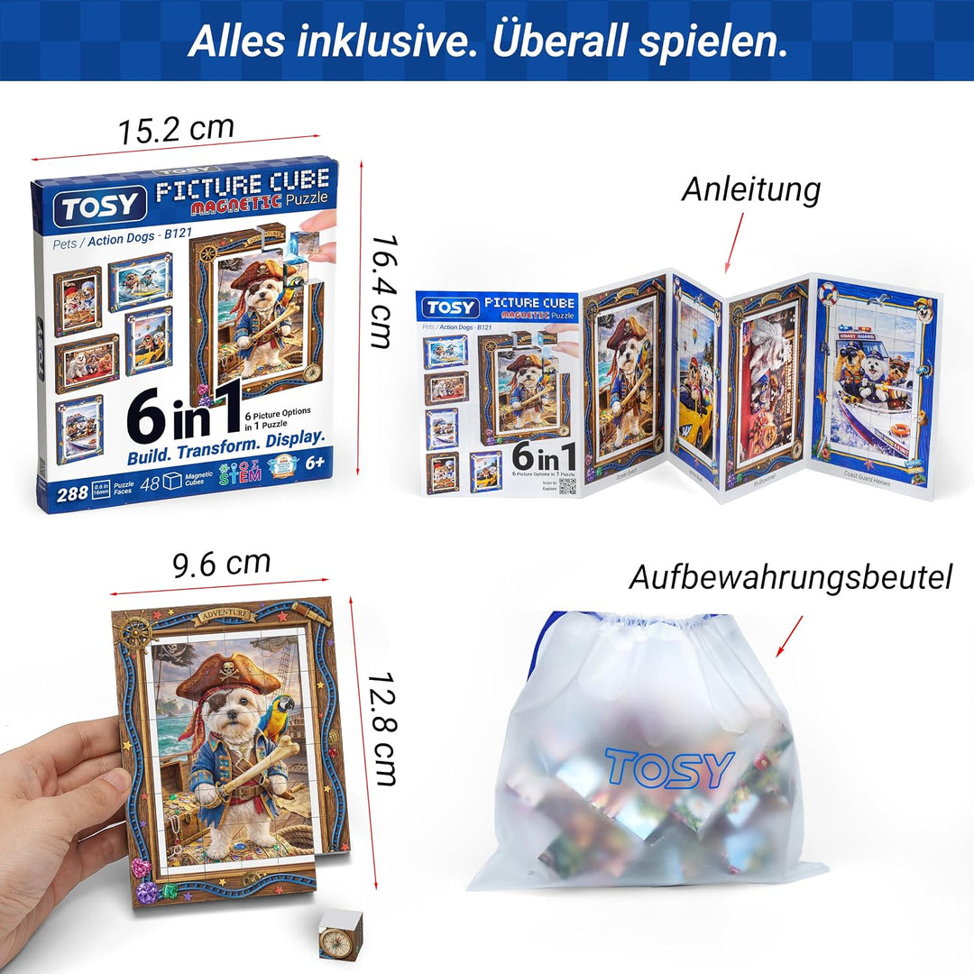TOSY Picture Cube Action Dogs: 6-in-1 magnetisches Bilderpuzzle, 48 Blöcke, 288 Flächen/Magnete, 0,6