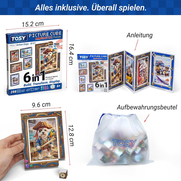 TOSY Picture Cube Action Dogs: 6-in-1 magnetisches Bilderpuzzle, 48 Blöcke, 288 Flächen/Magnete, 0,6