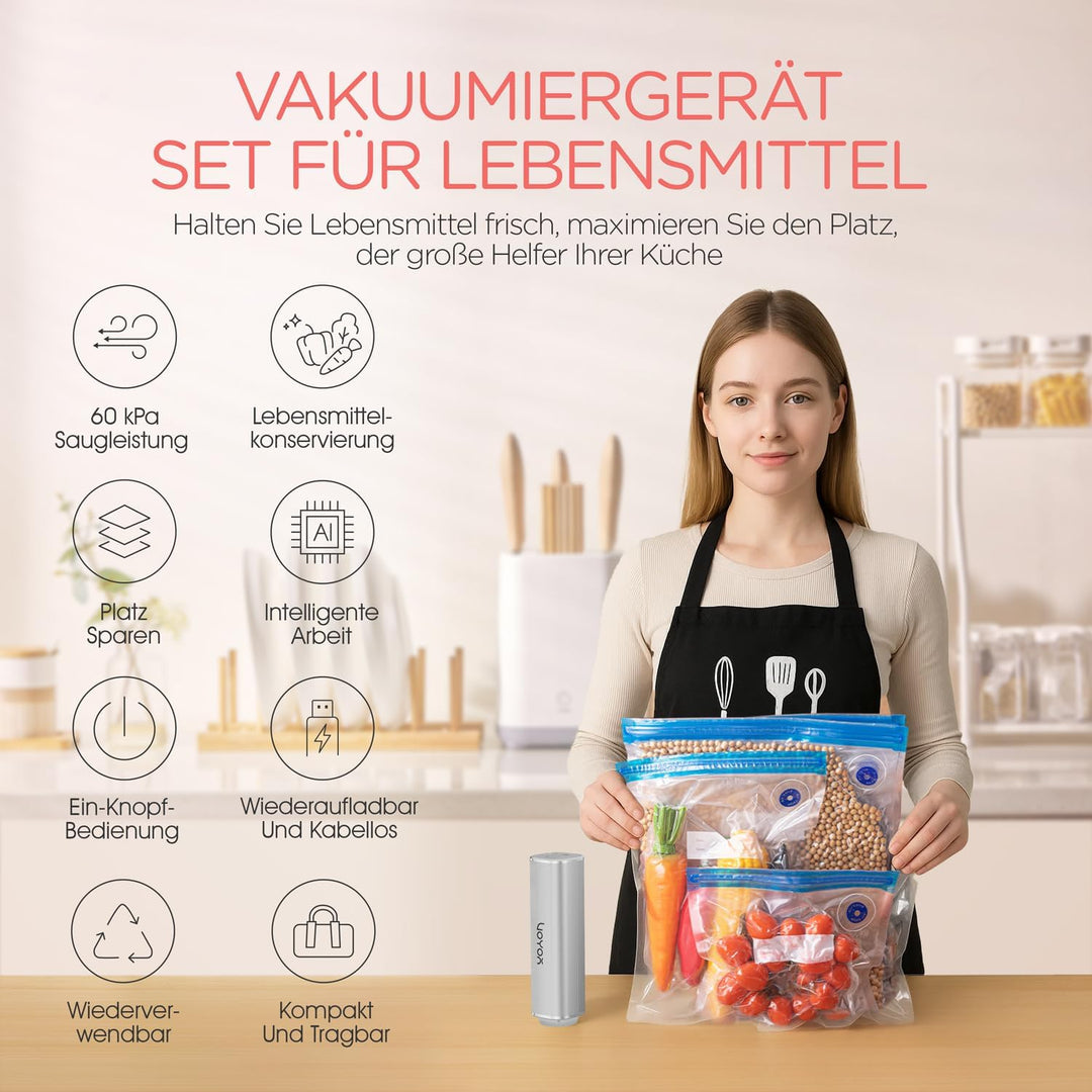 VOYOR Handvakuumierer wird zur Konservierung von Lebensmitteln, Gemüse und Obst Verwendet Wiederaufl
