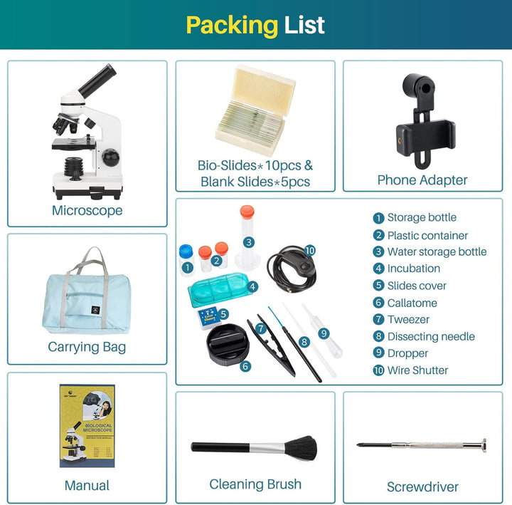 Mikroskop 100X-1000X für Kinder und Studenten - Kindermikroskop-Set mit Präparatebox, Smartphone-Ada