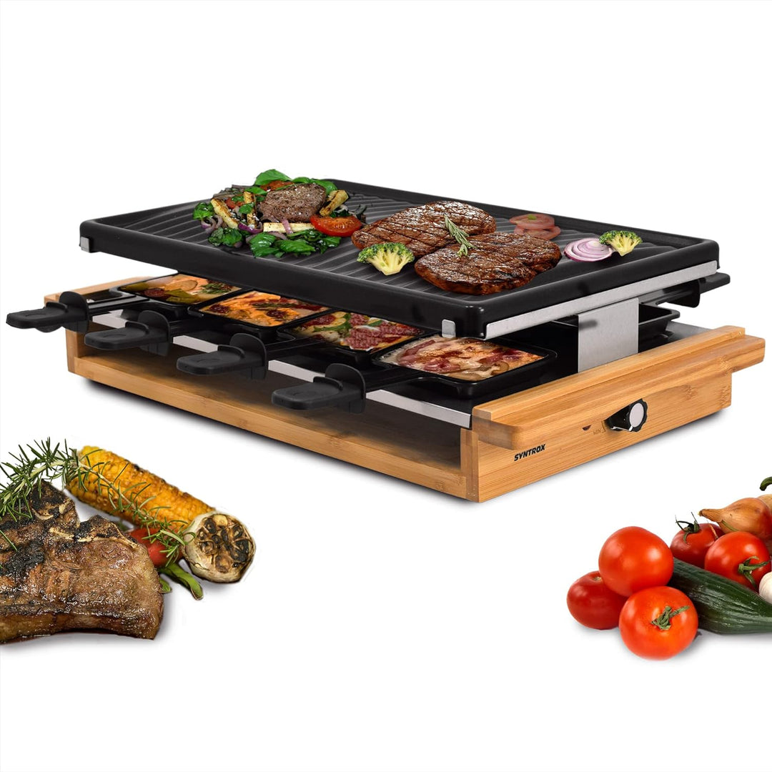 Syntrox Germany RAC-1200WB-Rueti im schicken Holz Design mit Grillplatte für 8 Personen und antihaft
