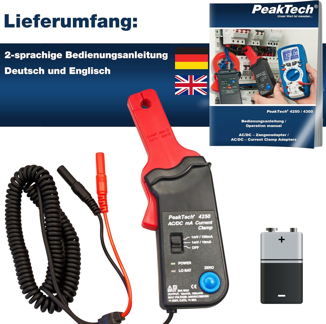 PeakTech P 4250 4250 - Stromzangen-Adapter für Multimeter bis zu 60 in AC/DC mit 4 mm Steckern, Null