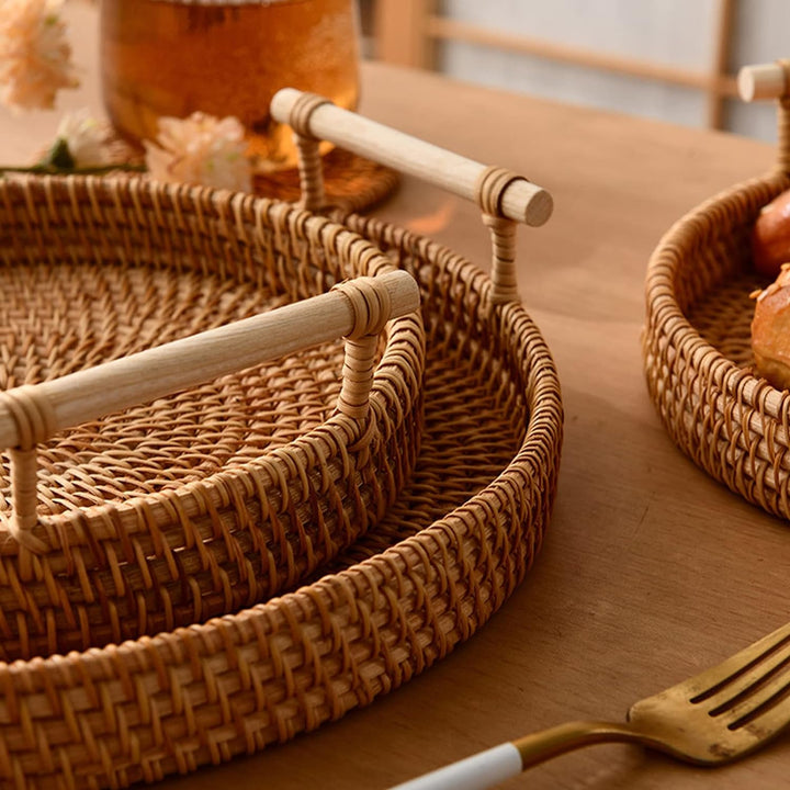 Rattan Rundes Serviertablett mit Griffen 3er-Set,Handgewebtes Rattan Tablett Wicker Tablett, Gewebte