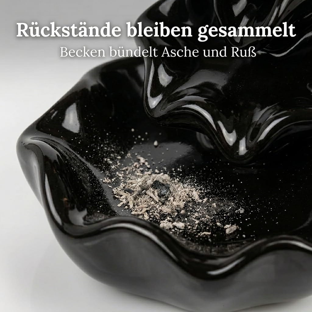 MIJOMA Rückfluss Räucherkegelhalter aus Schwarzer Keramik, Wasserfall-Räucherkegelhalter, Weihrauchb