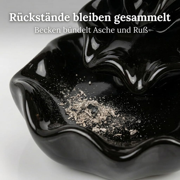 MIJOMA Rückfluss Räucherkegelhalter aus Schwarzer Keramik, Wasserfall-Räucherkegelhalter, Weihrauchb