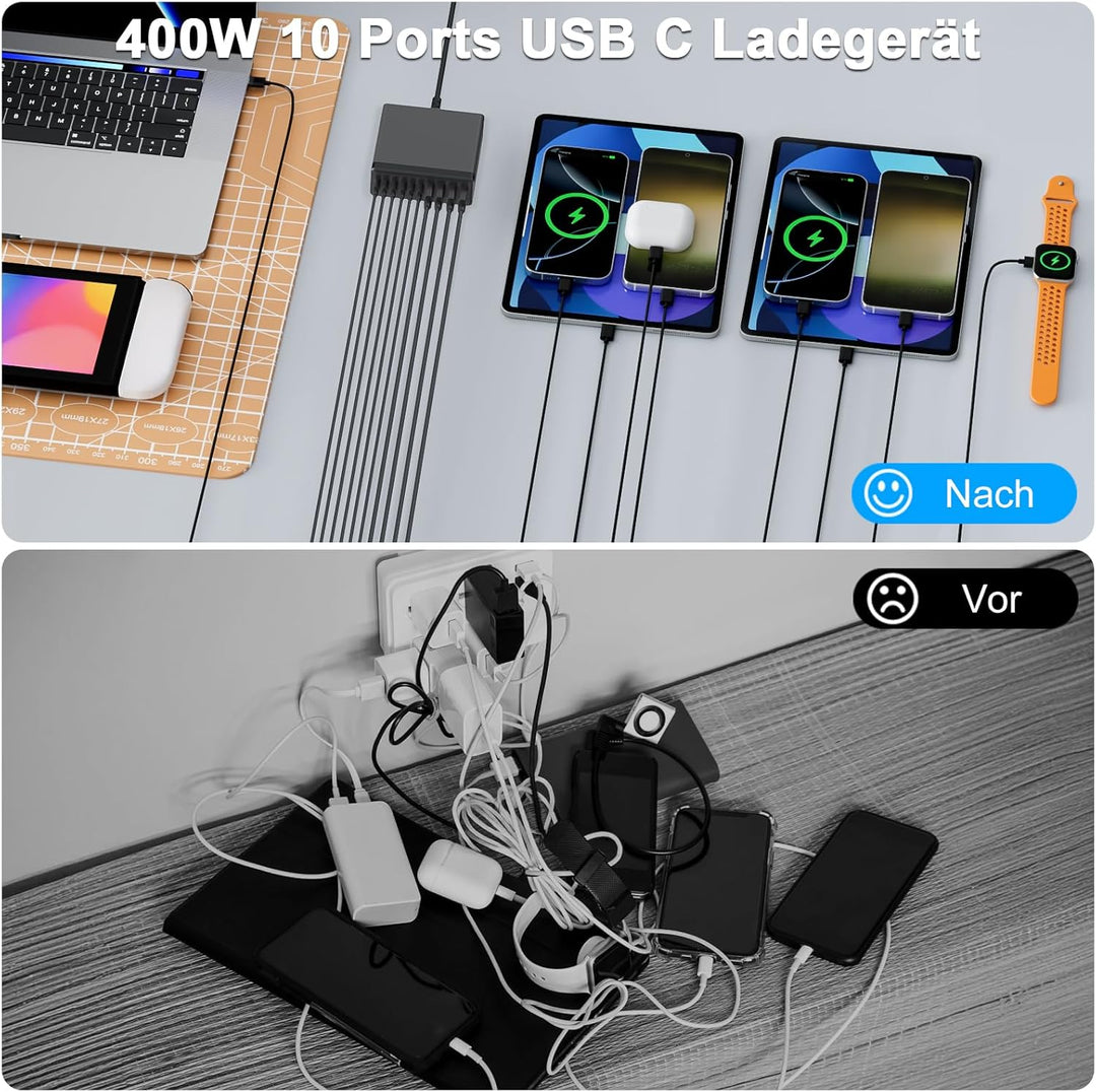 400W USB C Ladegerät Mehrfach, GaN V 10 Ports USB Ladegerät Mehrfach, 400W 10-Port Schnellladegerät
