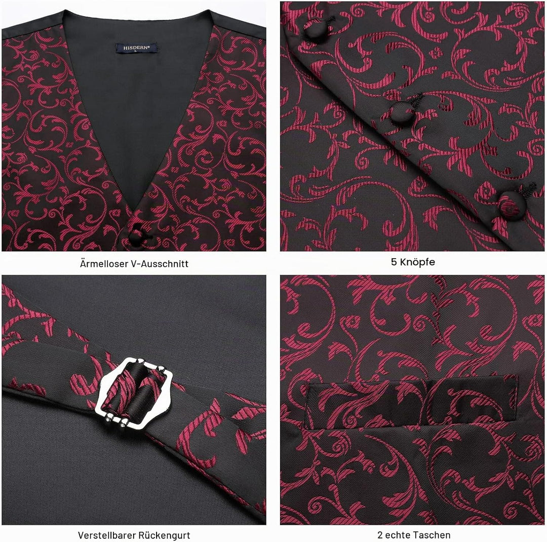 HISDERN Herren FLoral Hochzeit Weste Krawatte Einstecktuch Taschentuch Jacquard Weste Anzug Set M Sc