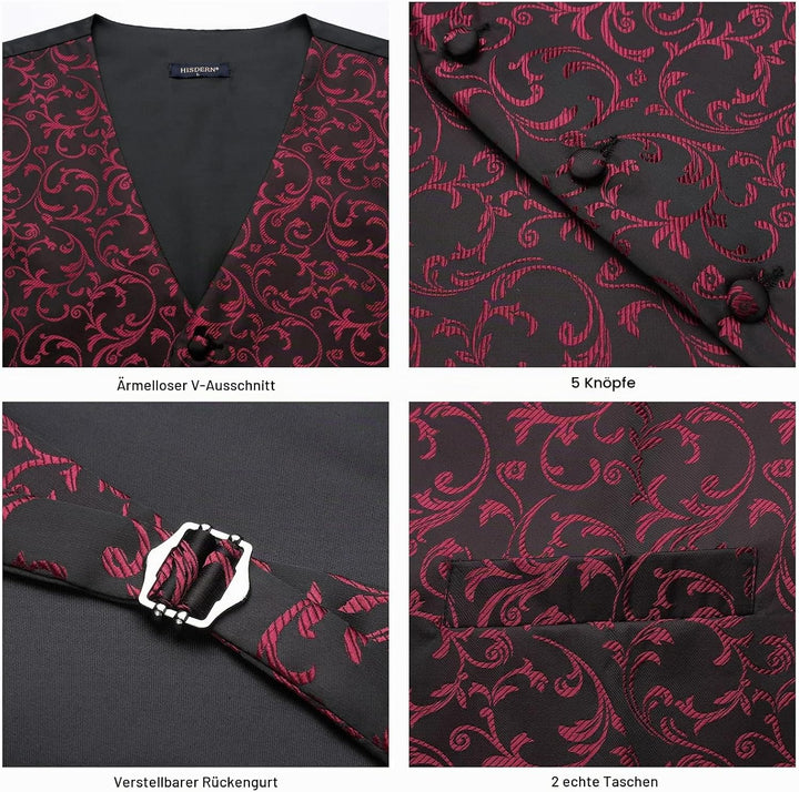 HISDERN Herren FLoral Hochzeit Weste Krawatte Einstecktuch Taschentuch Jacquard Weste Anzug Set S Sc
