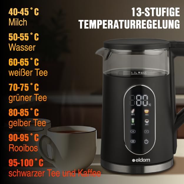 Wasserkocher 1,7L mit Temperaturregelung &amp; Warmhaltefunktion, 2200W, LED Display, 13 Temperaturstufe