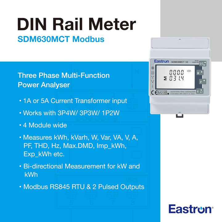 EASTRON SDM630MCT V2 Stromzähler, 1/3 Phase Modbus RS485 RTU – (Stromwandler erforderlich) gespeiste