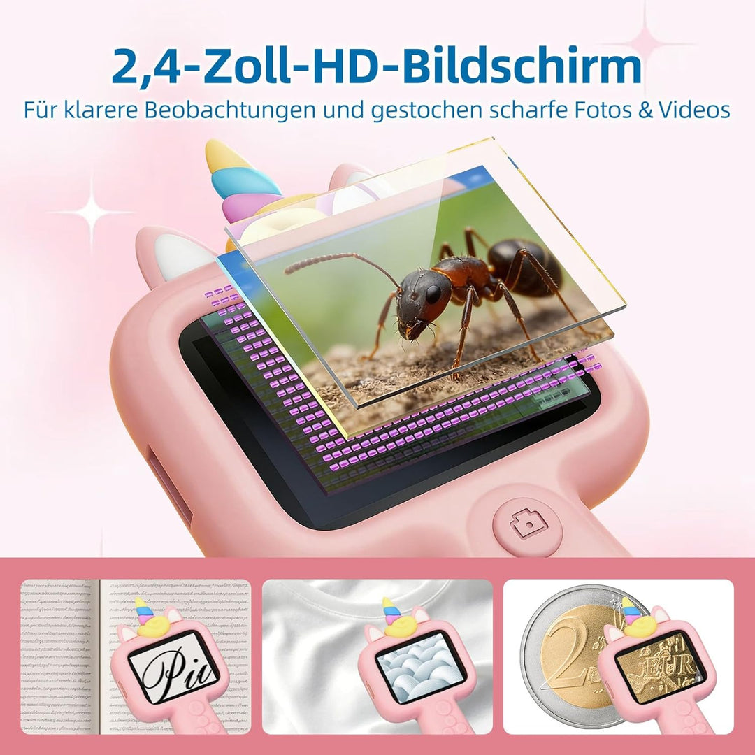 QUBAI 600x Mini-Handy-Mikroskop für Kinder, 2,4" IPS, USB, LED, physisch & digital, tragbar, ab 3 Ja