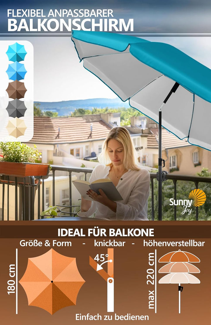 4smile Sonnenschirm Balkon SunnyJoy, 3-in-1 SET, Türkis - UPF 50+ Sonnenschirm Ø 180 cm + Sonnenschi