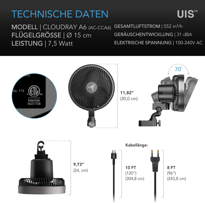 AC Infinity CLOUDRAY A6 – Clip-Ventilator 150mm für Grow Zelte mit langlebigem EC-Motor, 10 dynamisc
