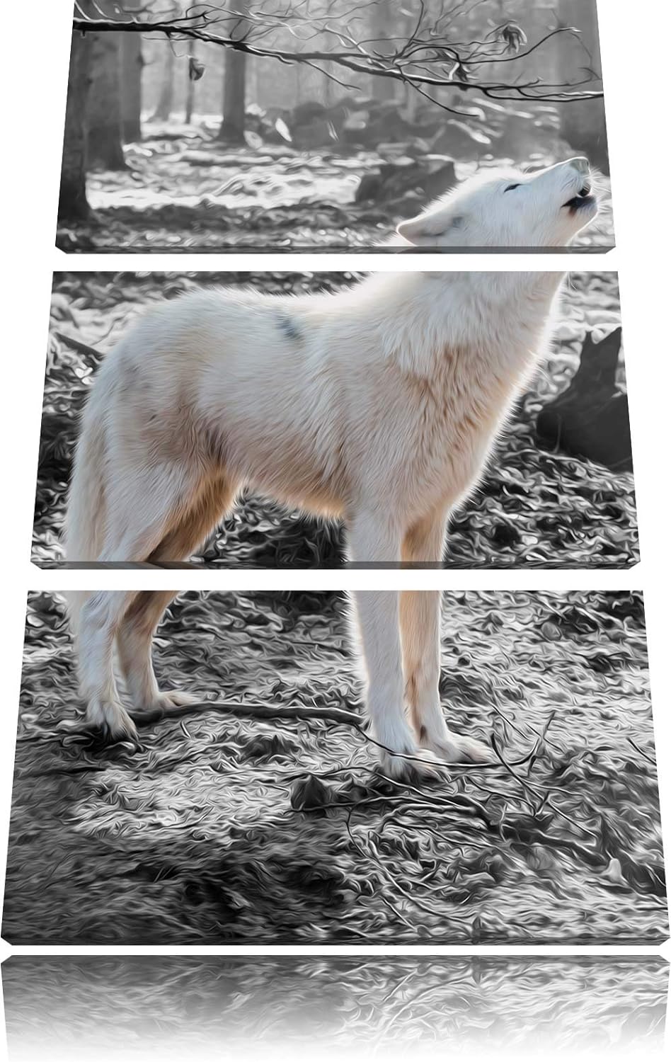 weisser jaulender Wolf im Wald schwarz/weiss 3-Teiler Leinwandbild 120x80 Bild auf Leinwand, XXL rie