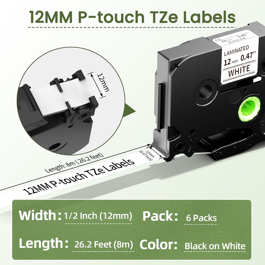 Markurlife TZe-231 12mm Kompatibel mit Brother P-Touch Bänder 12mm Schwarz auf Weiss TZe231 TZ Tape