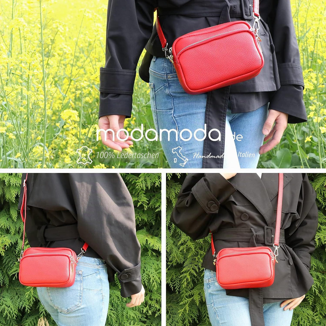 modamoda de - T231 - ital. Umhängetasche Klein Small aus Leder Silber-metallic, Silber-metallic