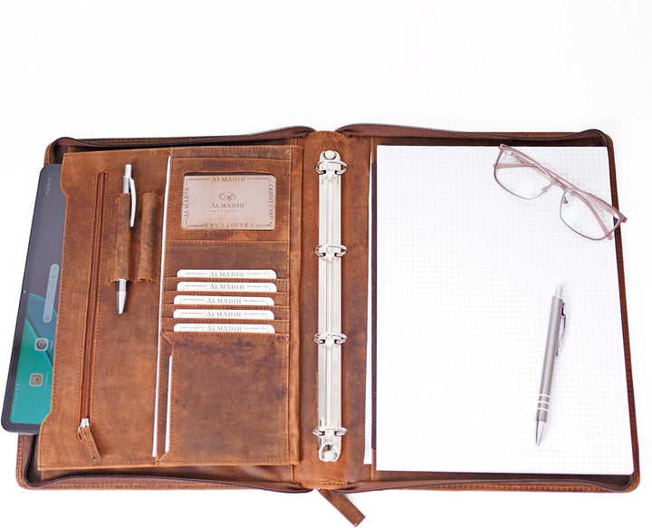 ALMADIH A4 Dokumentenmappe echt Leder mit Schreibblock BV Ledermappe Ringbuchmappe Mappe Schreibmapp