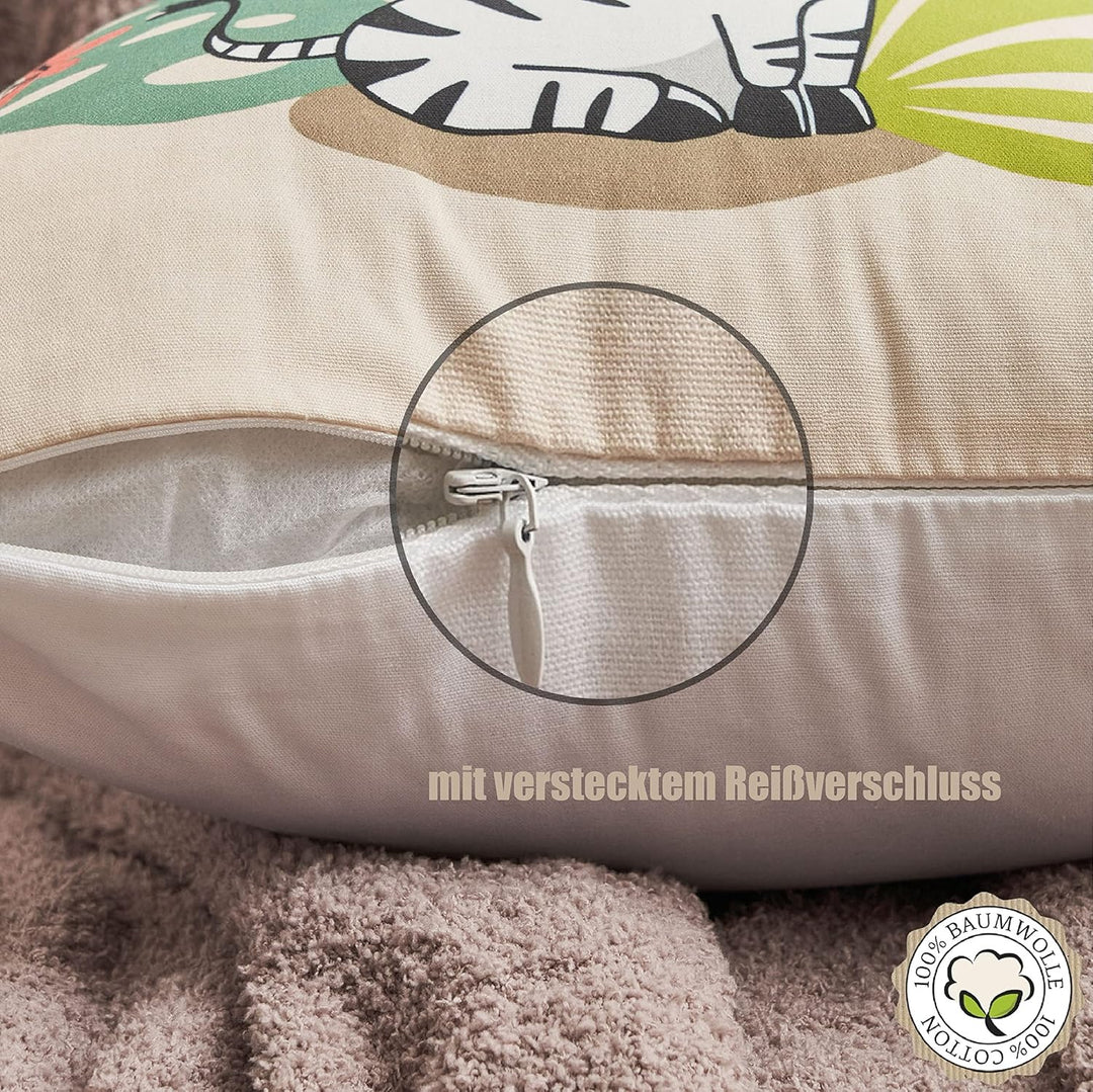 100% Hochwertige Baumwolle: Kinder Kissenbezüge 40x40 (4er Set) | Bezaubernde Tiermotive: Nashorn Le