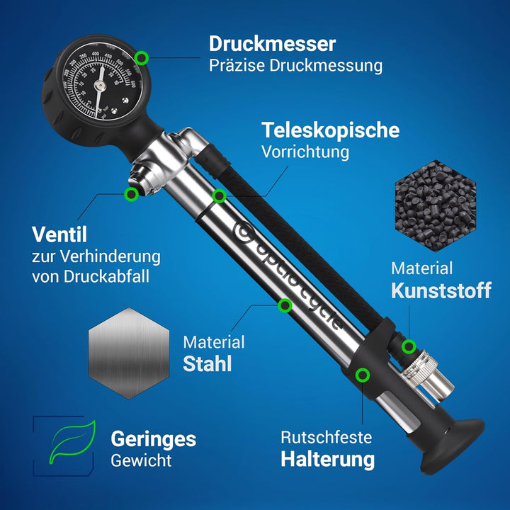 Optio Cycle Hochdruck-Dämpferpumpe mit Manometer Hochdruckpumpe Pumpe mit Druckanzeige Gabelpumpe Fe