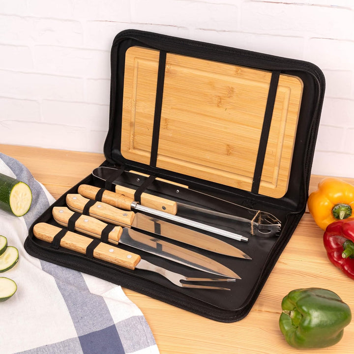 Wanapix | Personalisiertes BBQ-Set | Enthält 6 Ubehörteile (2 Messer, Schärfer, Tranchiermesser,Zang