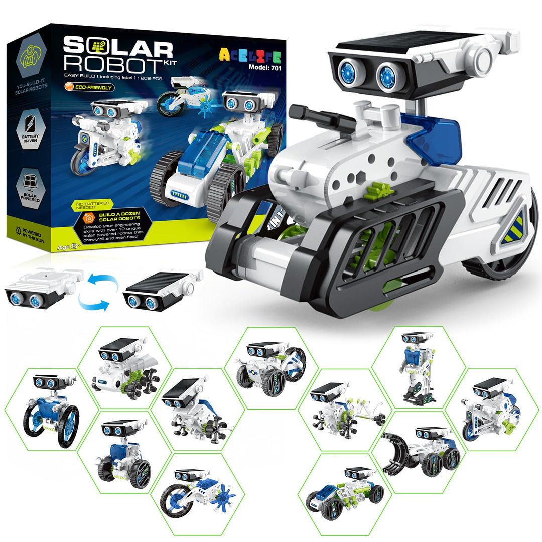 Solar Roboter Spielzeug für Kinder, 12-in-1 Solar Robot Kit Solar oder Wiederaufladbar Batterie Betr