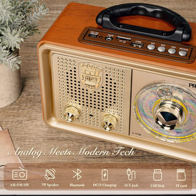 PRUNUS J-110 AM/FM/SW Kofferradio Retro Radio mit Bluetooth, Nostalgie Radio mit Gehäuse in Holzopti