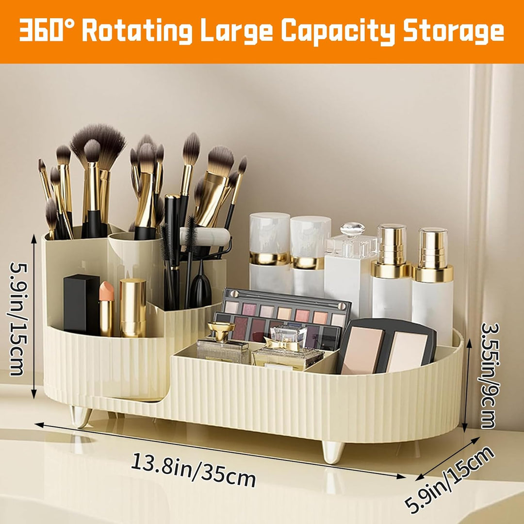 360°Drehbarer Cremefarbe Kosmetik Organizer mit Fach 2 in 1,Hohe Kapazität Skincare Organizer, Aufbe