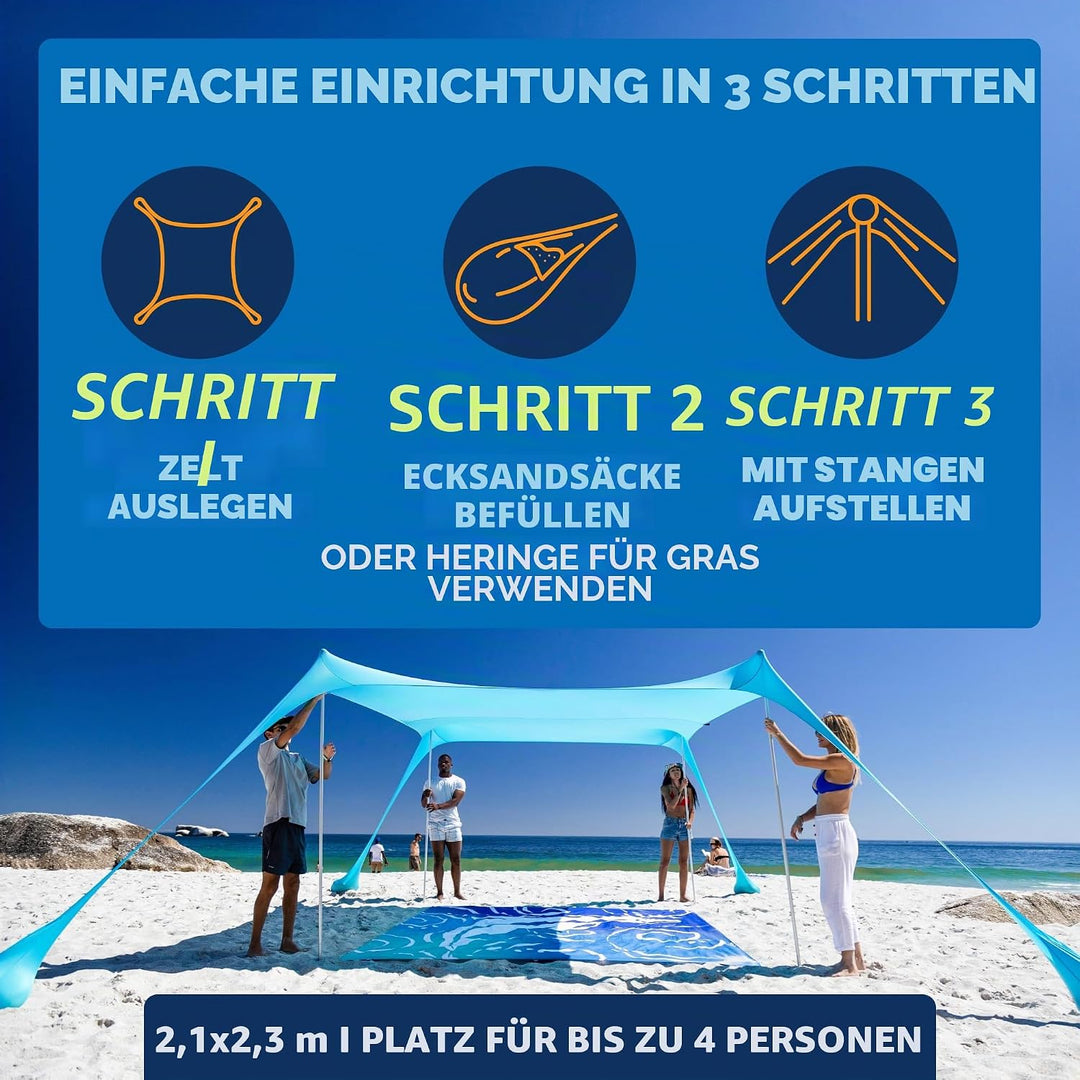 SUN NINJA Strandzelt, Sonnensegel LSF 50+, mit Sandschaufel, Heringen und Stabilitätsstangen, Schatt