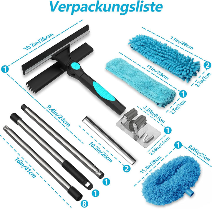 4 in 1 Teleskop Fensterwischer Abzieher Set,24cm~390cm Extra Lange Fensterputzer Set,1 Stauber,3 Mik