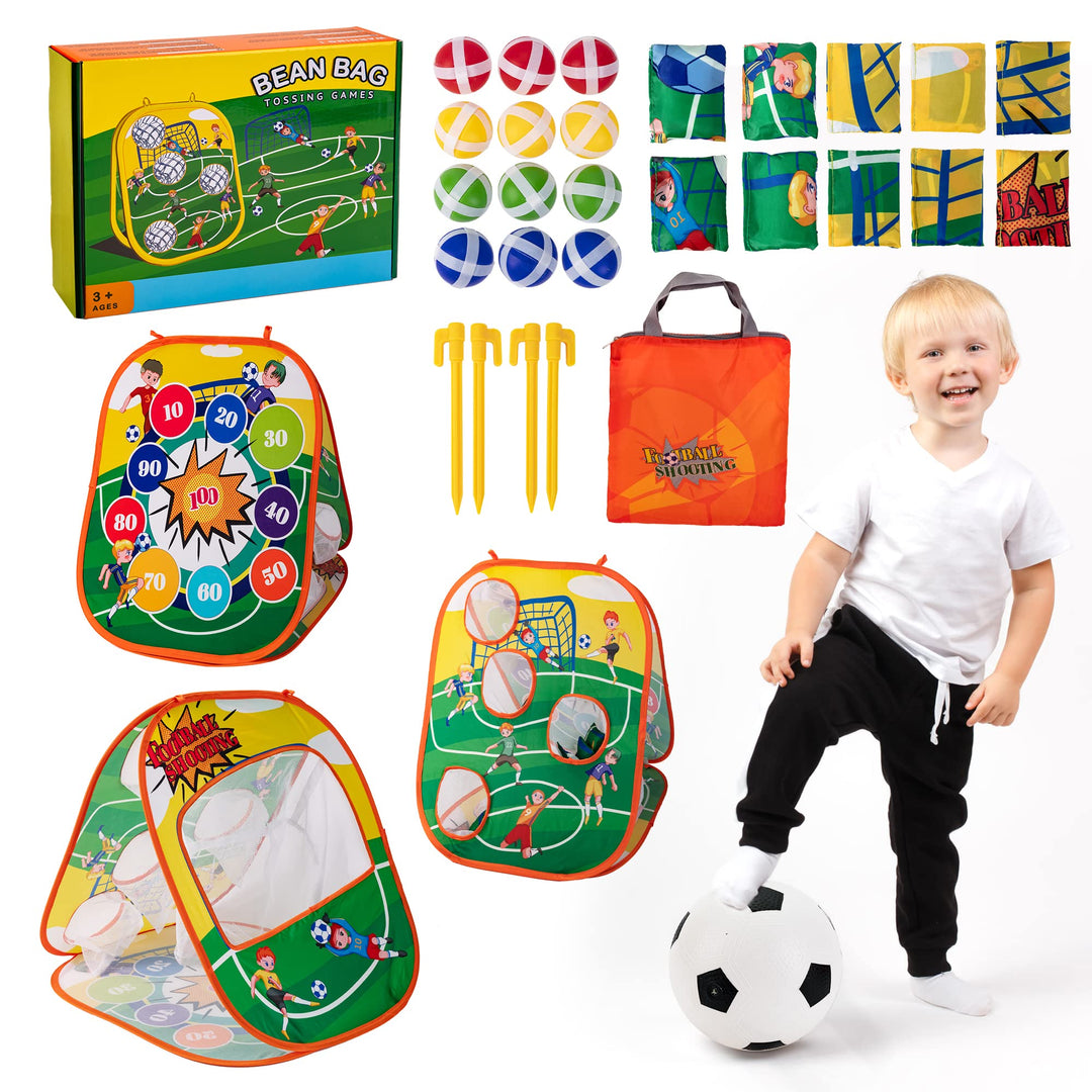 Sundaymot Outdoor Spiele für Kinder, Wurfspiel Kinder 3 in 1 mit Fussball, Sitzsack,Klettbälle, Falt