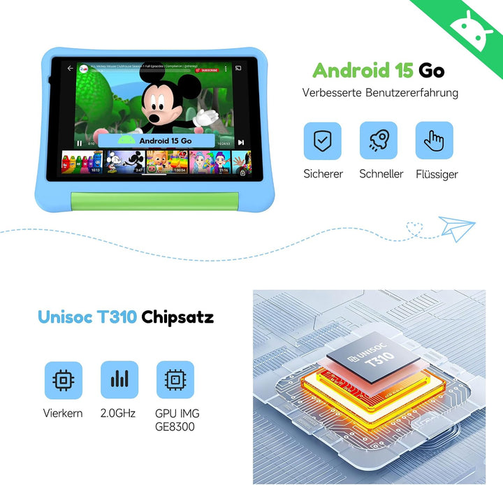 ALLDOCUBE KIDO 8 Zoll Kinder Tablet, Android 15 Go, 32GB ROM, 5000mAh, Blau | 3GB RAM, zwei Lautspre