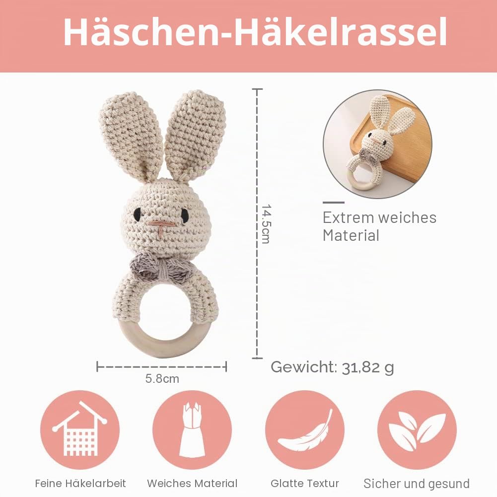 Youuys Babyrassel Gehäkelte Holz Häkeln Tiere Greifling Baby Holz Rassel Baby mit Sound Handmade Ras