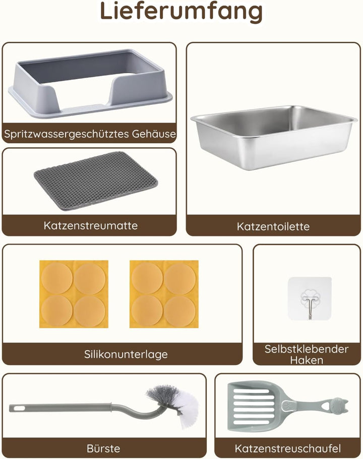 Papettly Katzentoilette Edelstahl, Litter Box Katzenklo, Halbgeschlossen Katzenklo Edelstahl, Katzen