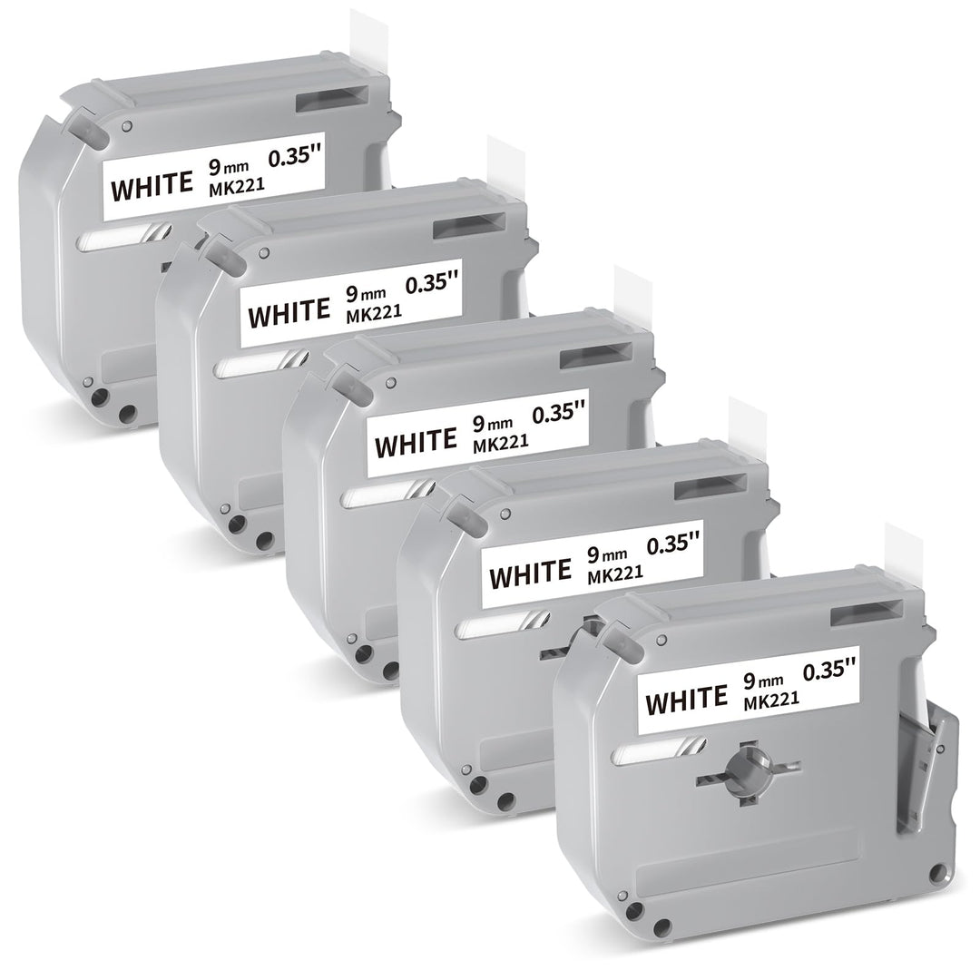 Aken 5 x Kompatibel M-K221 9mm 0.35 Schriftband für Brother Ptouch MK-221 MK221 M-K221S Schwarz auf
