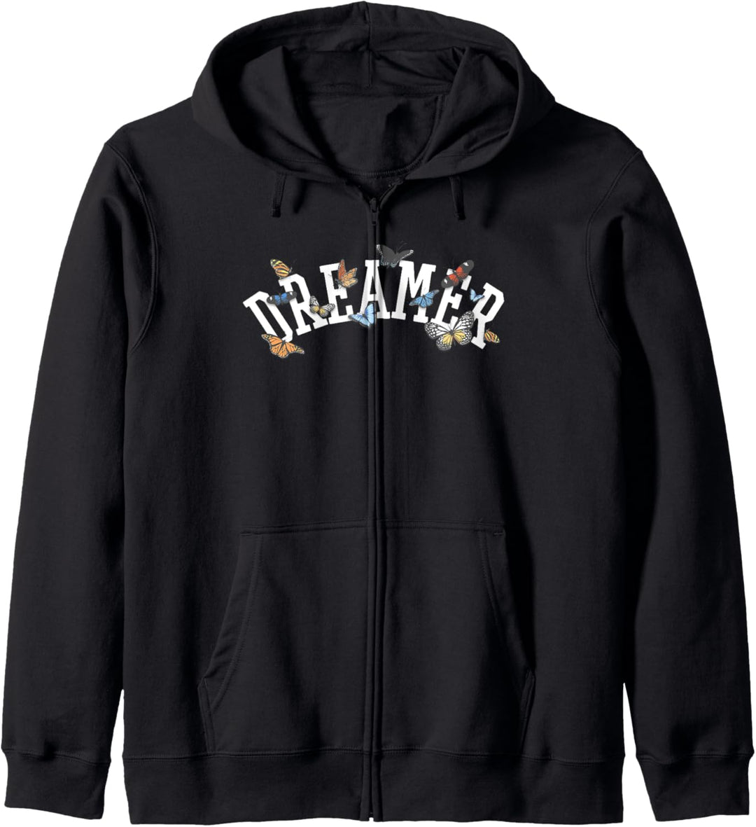 Dreamer White Collegiate Text Butterflies Kapuzenjacke