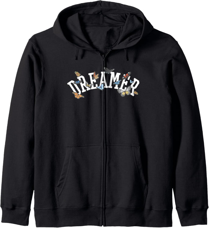 Dreamer White Collegiate Text Butterflies Kapuzenjacke