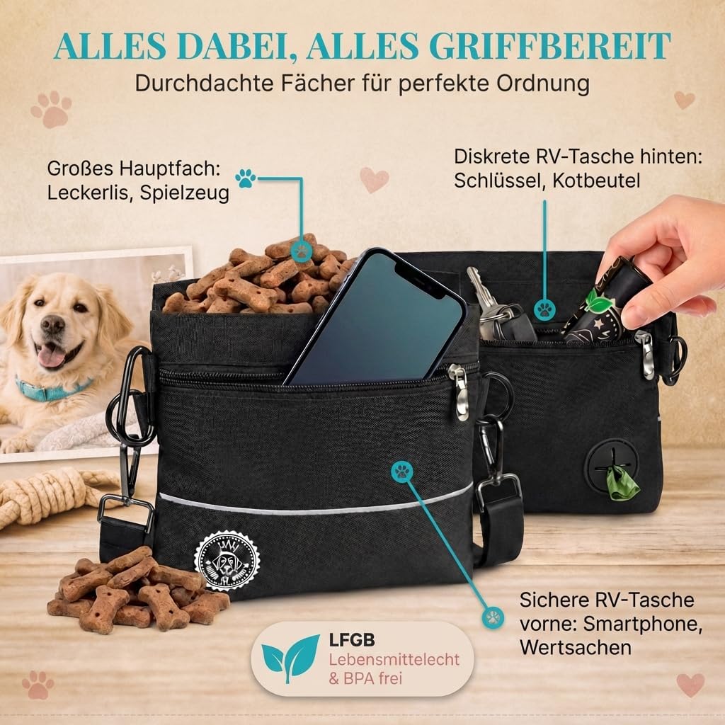 HUND IST KÖNIG® Leckerlietasche für Hunde mit Einhand-Magnet-Verschluss, 2 Zip-Fächer, herausnehmbar