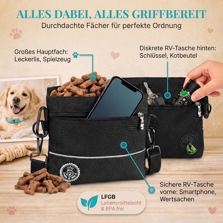HUND IST KÖNIG® Leckerlietasche für Hunde mit Einhand-Magnet-Verschluss, 2 Zip-Fächer, herausnehmbar