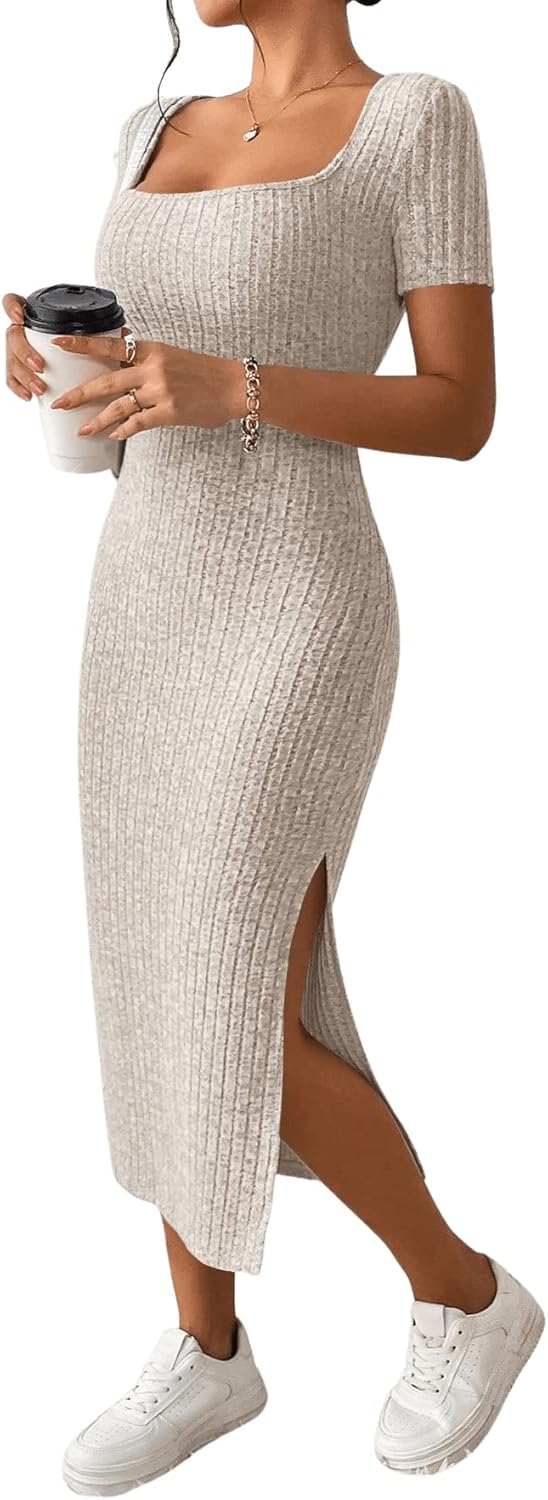 GORGLITTER Kleid Mit Schlitz Damen Sommer Lang Figurbetontes Kleid Elegant Rippenstrick Kleid Kurzar