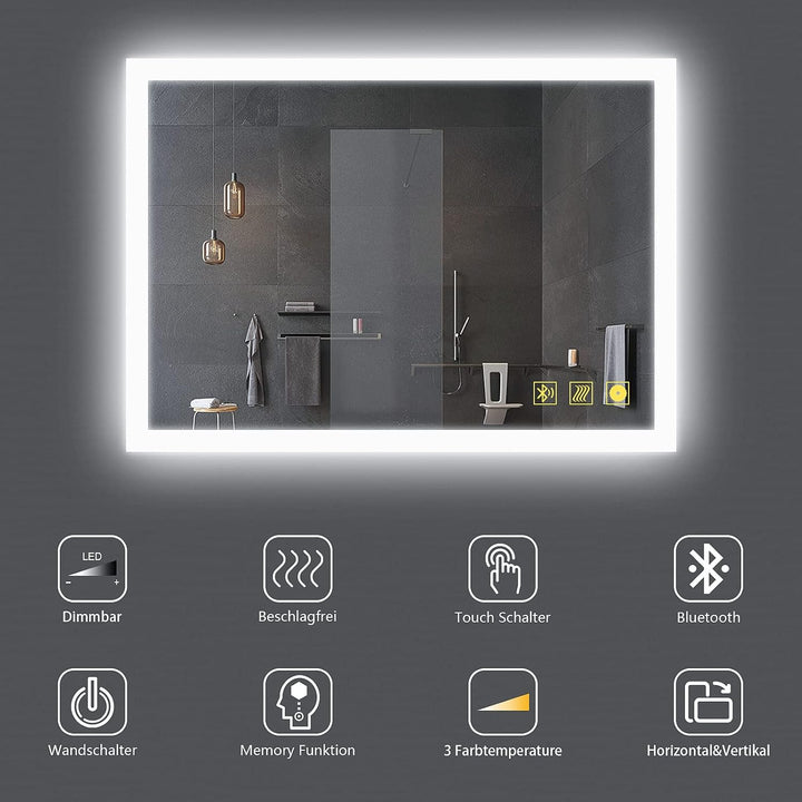 AI-LIGHTING Badezimmerspiegel mit Beleuchtung 80 × 60 cm Badspiegel mit Licht Bluetooth Lautsprecher