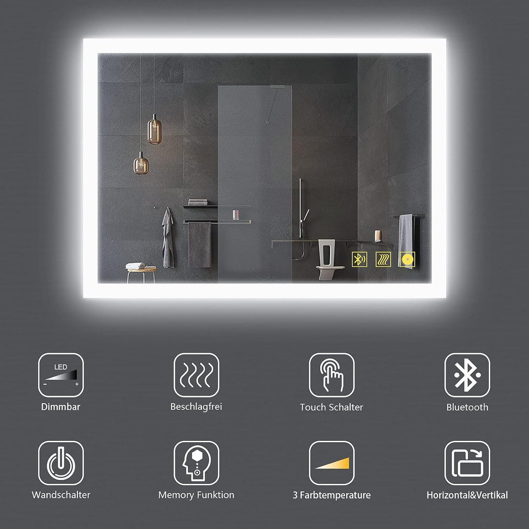 AI-LIGHTING Badspiegel mit Beleuchtung 50 × 70 cm Badezimmerspiegel mit Licht und Bluetooth Lautspre