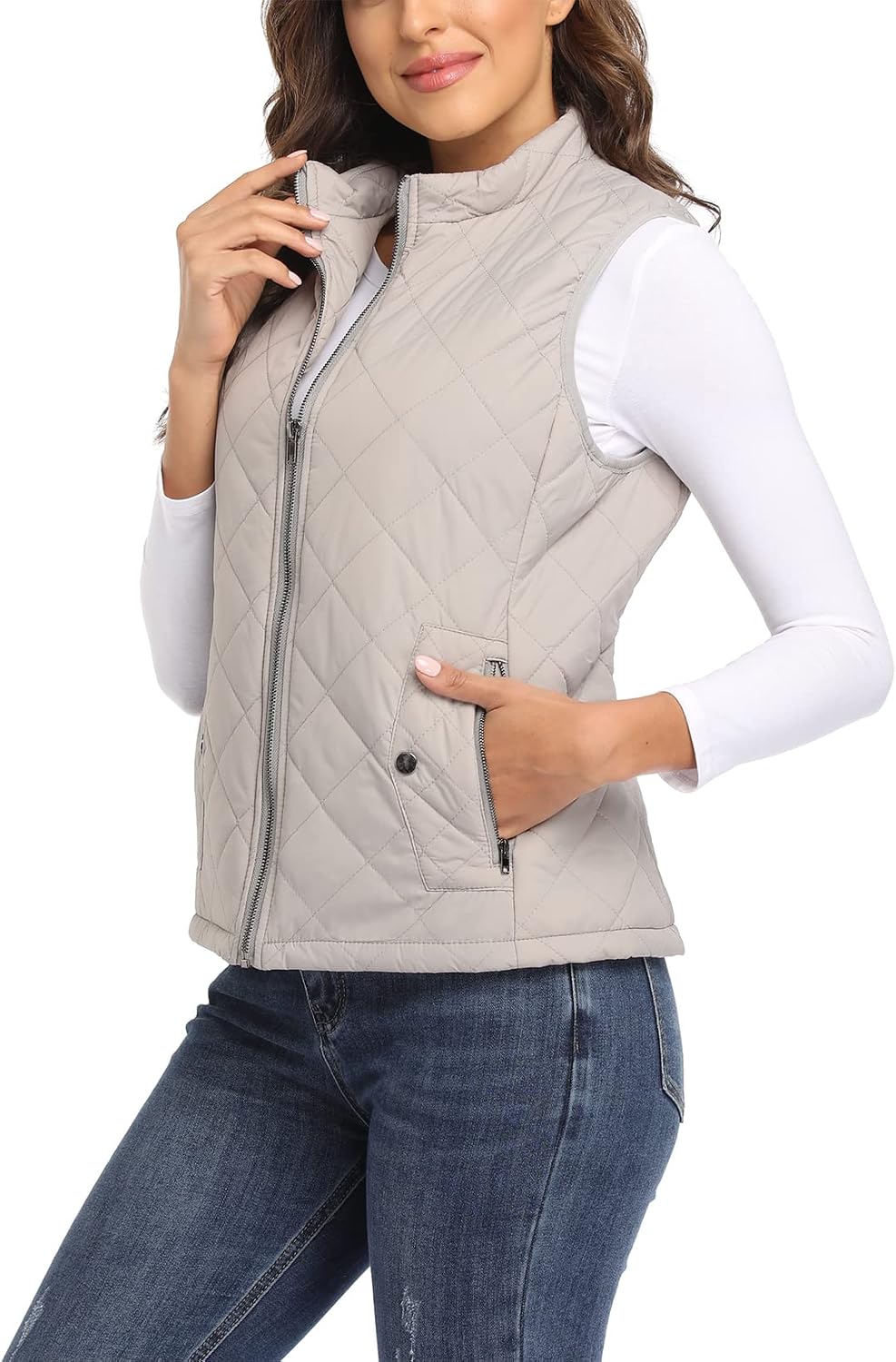 MISS MOLY Damen Weste mit Stehkragen Weste Jacke Winter Warm Ultraleicht Hellgrau 38-40, Hellgrau 38