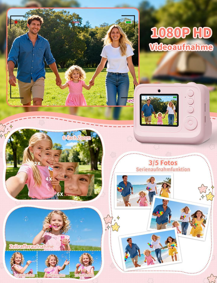 Sofortbildkamera Kinder, 1080P HD 2,4 Zoll Bildschirm Kinderkamera Sofortbildkamera mit 32GB Karte &