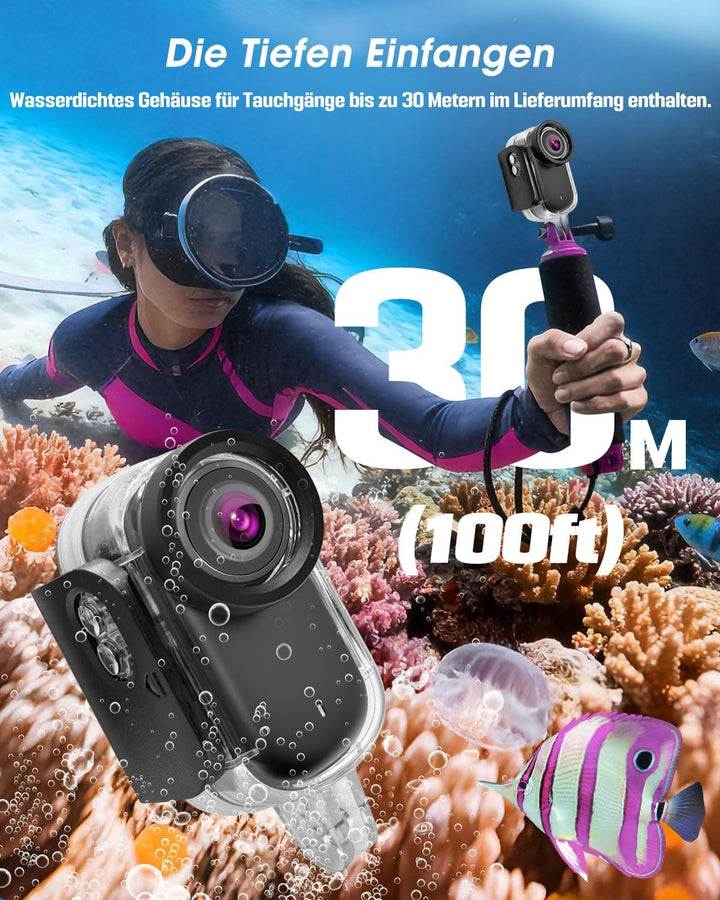 Mini Action Cam 4K NEU Upgraded, Body Cam mit 64GB SD Karte, Wasserdicht 30M, 180 Min Akkulaufzeit,
