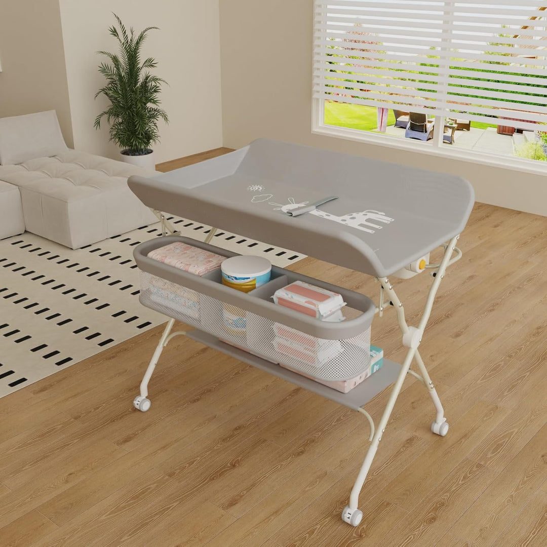 Klappbarer Wickeltisch Baby Höhenverstellbar – Mobile Wickelkommode mit Ablagekörben, Sicherheitsgur