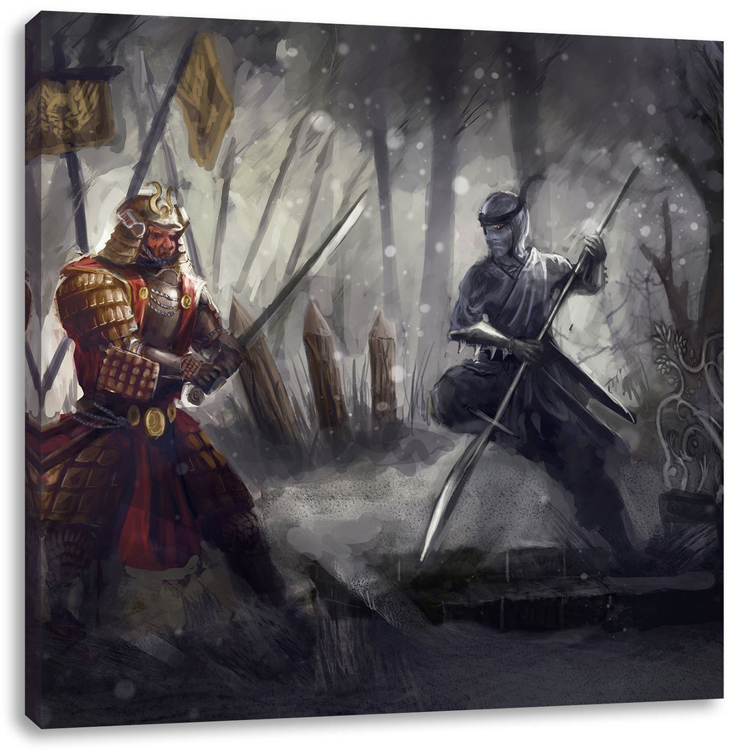 Pixxprint Kampf zwischen Samurai und Ninja als Leinwandbild/Grösse: 70x70 cm/Wandbild/Kunstdruck/fer