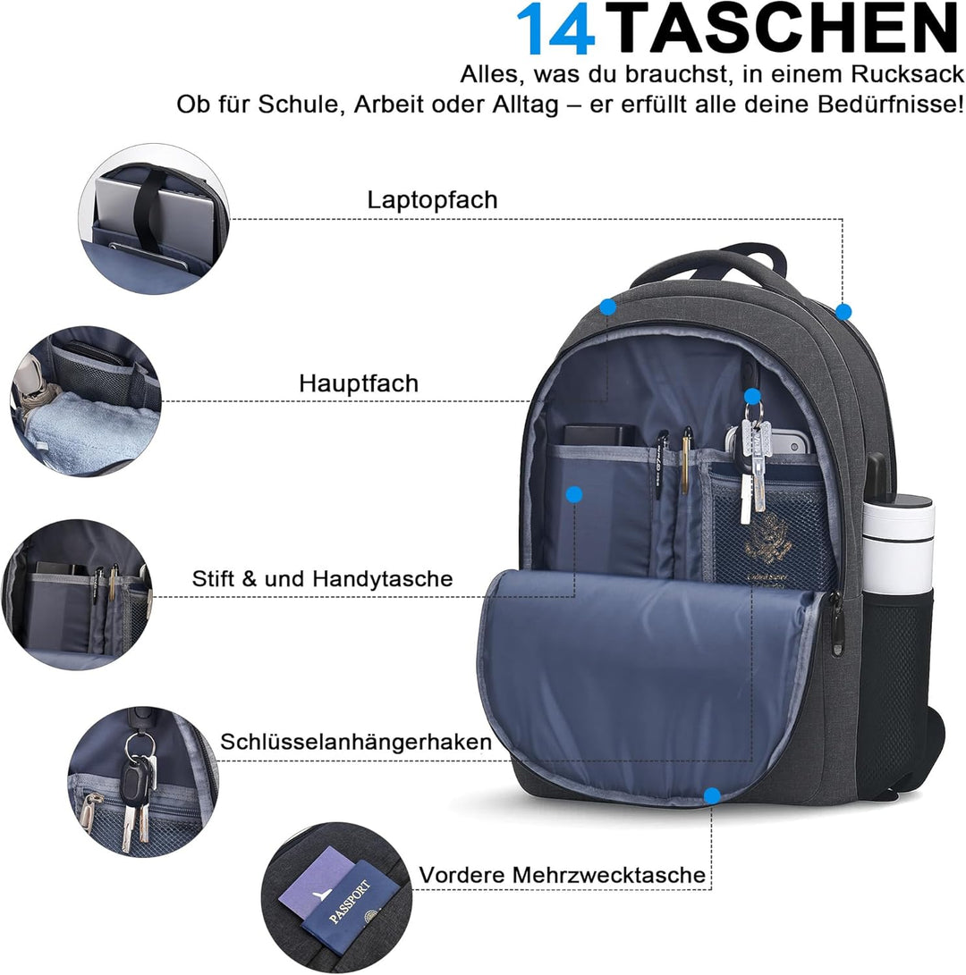 TANTOMI Rucksack Herren, Gross Laptop Rucksack 17 Zoll Schulrucksack Laptoptasche mit USB Ladeanschl