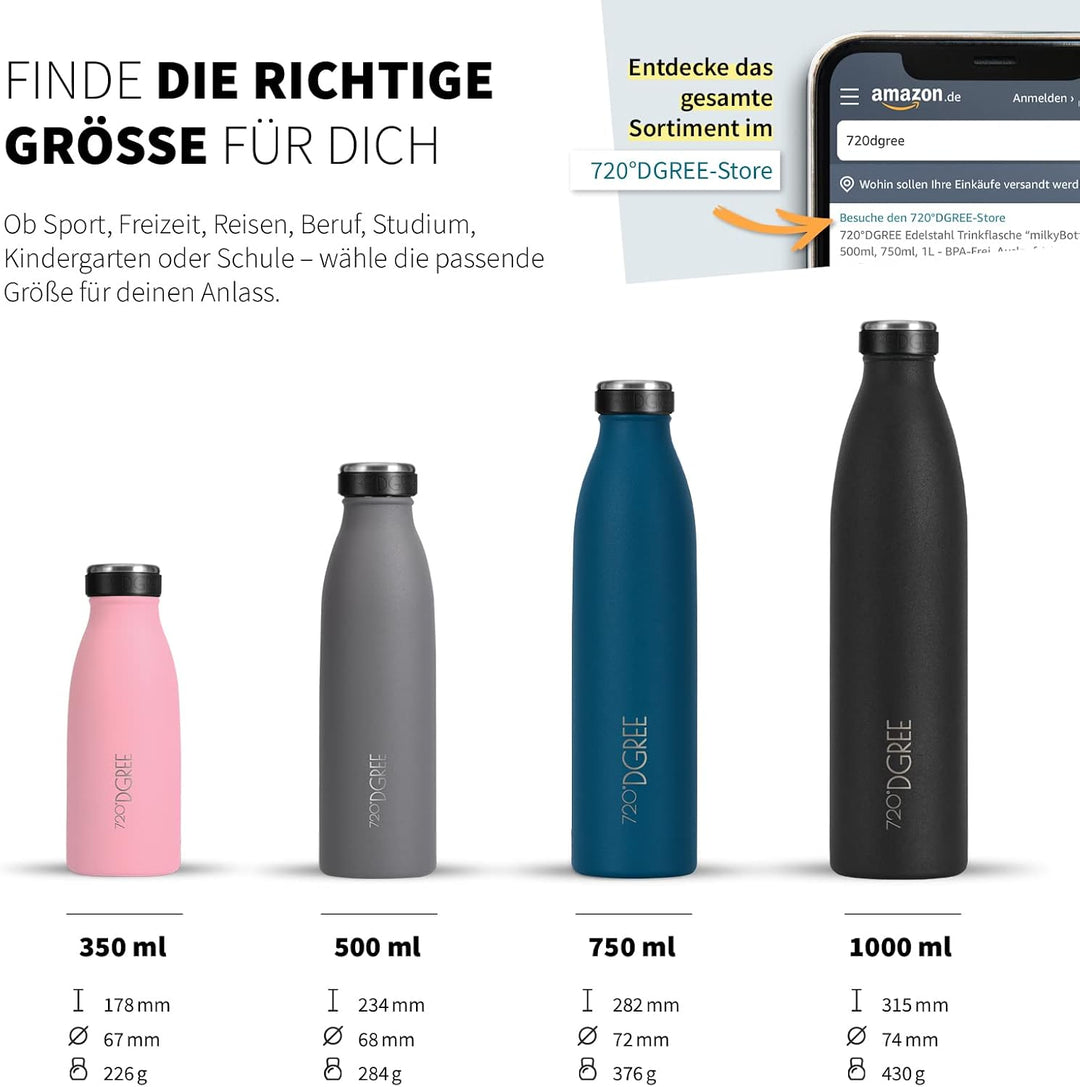 720°DGREE Edelstahl Trinkflasche “milkyBottle” - 500ml - Perfekt für Kinder, BPA-Frei, Auslaufsicher
