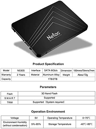 Netac SSD 2TB, SSD Festplatte Intern Sata 3.0 2,5 Zoll für Laptop, PC, Desktop, PS5 (N530S, Schwarz,