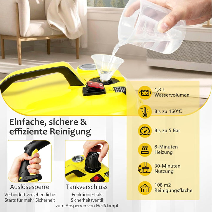GOPLUS Dampfreiniger, Flächenleistung: 108 m², Dampfdruck: 5 bar, 1,8 L Wassertank, Aufheizzeit: 8 m